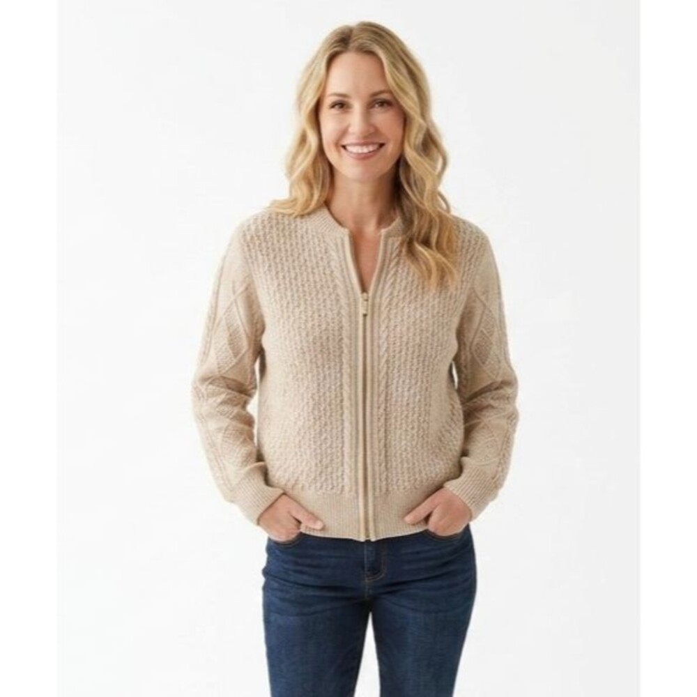 Calligraphie Anthropologie Cable Knit Full Zip Cardigan Sweater Jacket Beige XL